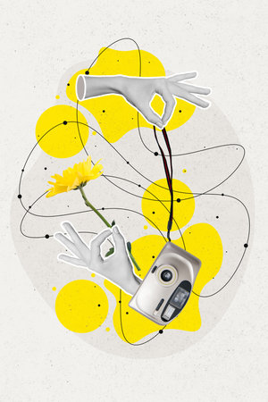 Vertical collage illustration of black white gamma arms fingers hold retro digital photo camera fresh flower isolated on creative backgroundの写真素材
