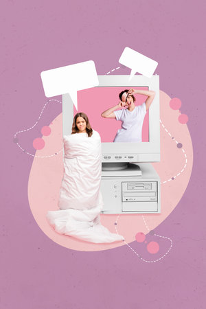 Pink photo poster collage of family video call retro computer speaking together time sleep wrapped blanket schoolgirl isolated on drawing backgroundの写真素材