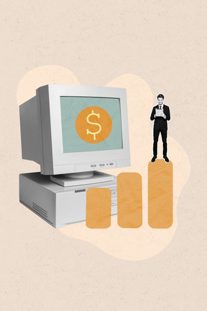Vertical collage picture of mini elegant business man use tablet earn money online huge pc monitor screen isolated on creative backgroundの写真素材