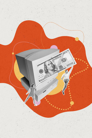 Vertical collage picture of two excited mini black white gamma people hold huge dollar bill banknote pc monitor isolated on creative backgroundの写真素材