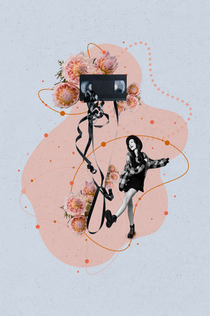 Vertical collage picture of carefree cheerful mini black white effect girl dancing fresh flowers video tape cassette isolated on painted backgroundの写真素材