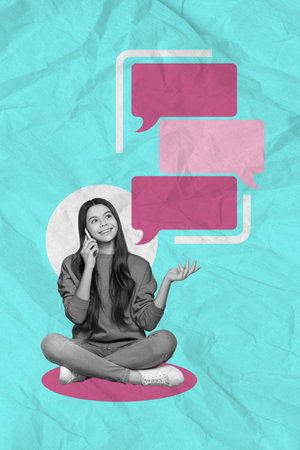 3d retro abstract creative artwork template collage of teenager girl talking phone speech comics...
