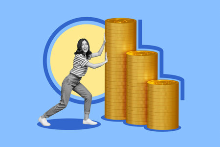 Creative trend collage of excited funny female pushing pile stack golden coins walk entrepreneur financial independence income investmentの写真素材