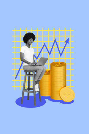Vertical collage portrait of black white gamma girl sit chair use netbook pile stack coins arrow upwards isolated on blue backgroundの写真素材