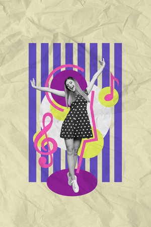 3d retro abstract creative artwork template collage of excited female raise hands smiling positive disco party cool bachelorette event promの写真素材