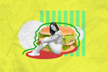 Composite collage picture of mini black white gamma girl huge burger isolated on drawing yellow backgroundの写真素材