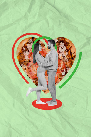 Creative abstract template collage of cuddle embrace couple boyfriend girlfriend pizza heart shape deliver restaurant cafe food eatingの写真素材