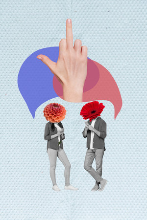 Composite photo creative design collage of two headless absurd people flowers hold phone toxic chat middle finger isolated on blue backgroundの写真素材
