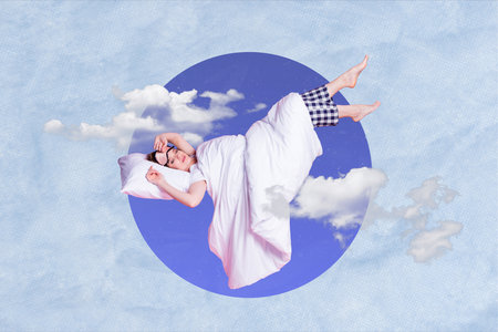 Creative retro 3d magazine collage image of happy smiling lady relaxing sleeping isolated painting backgroundの写真素材