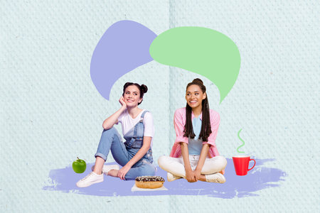 Collage creative design of two chilling young girls sitting conversation chatterbox picnic eat donut drink cup coffee isolated on blue backgroundの写真素材