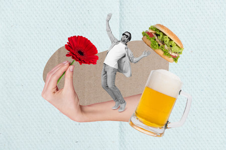 Creative collage advertisement open new pub drink fresh beer glass eat tasty hamburger gift red flower excited guy isolated on blue color backgroundの写真素材