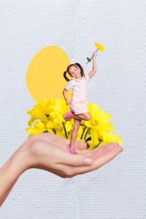 Collage photo artwork of little cute funky schoolgirl raise fresh yellow daisy flower blooming spring season isolated on blue color backgroundの写真素材