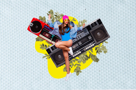 Composite collage artwork design of youth carefree girl dancing wear summer swimsuit have fun chill listen retro boombox isolated on blue backgroundの写真素材