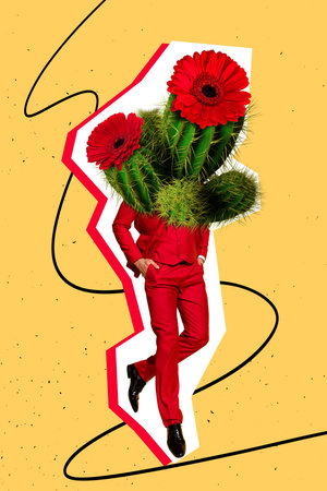 Creative poster banner template collage of fashionable model guy with green cactus advertise boutique discountsの写真素材