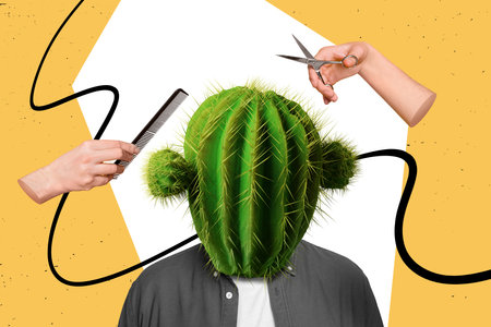 Creative template collage of unusual person with cactus plant have trimming care in beauty salon unhealthy hair therapy conceptの写真素材