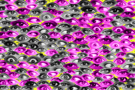 Creative texture graphics collage wallpaper with many multiple eye balls opinion influence control vision conceptの写真素材