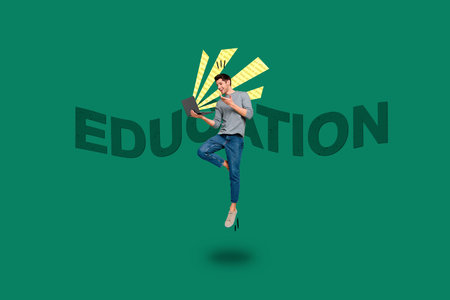 Photo collage illustration young student guy hold netbook laptop communicating online call teacher remote study education conceptの写真素材