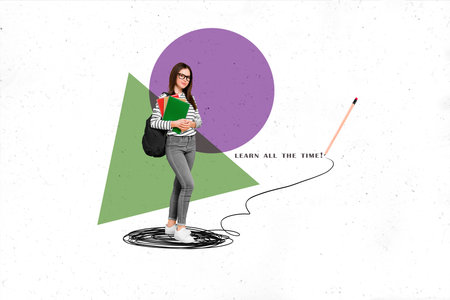 Poster banner collage of high school lady student with supply backpack book enjoy learning all timeの写真素材