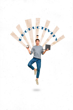 Vertical photo collage of funny worker guy manage time productivity efficiency deal every all tasks...