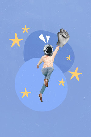 Cosmic magazine template collage of motivated person spaceman flying up outer universe through stars with fistの写真素材