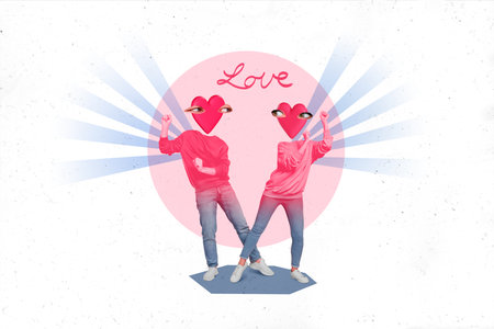 Creative magazine template collage of two strange people with heart face enjoy 14 february celebration disco dance find true loveの写真素材