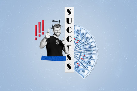 Creative banner poster collage of successful young guy win lottery hundred usd banknote dollars jackpot conceptの写真素材