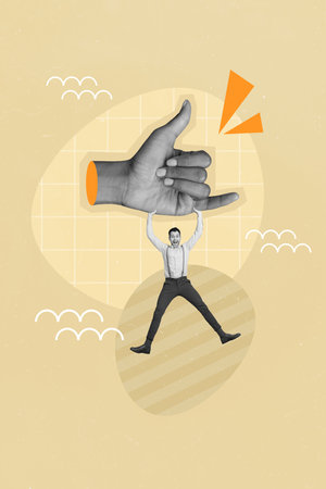 Creative banner poster collage of huge shaka symbol hand with funky young guy hanging looseの写真素材