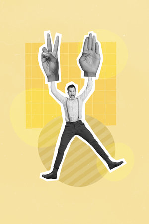 Creative banner poster collage of funky worker young man wear human palms showing six 6 numbers discount offerの写真素材