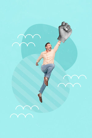 Creative banner poster collage of motivated mature man levitating wear human fist punch fight for human rightsの写真素材