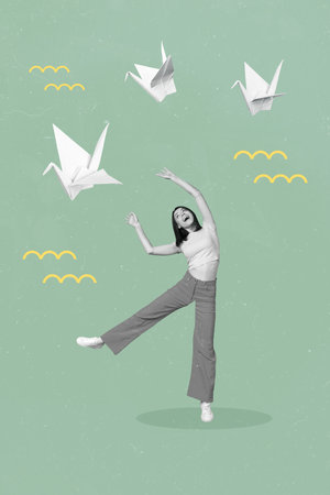 Creative template picture collage of funky young lady enjoying flying origami paper birdsの写真素材