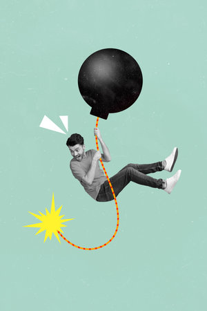 Creative picture collage of scared young guy hand wick rope burning bomb world war conflict destruction conceptの写真素材