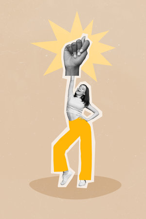 Creative picture painting collage of funky rude young lady wear fig sign glove bullying conceptの写真素材