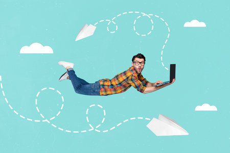 Creative surreal picture collage of dream fantastic manager guy flying up sky launch successful startup using netbookの写真素材