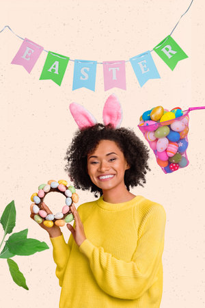 Spring time photo collage young girl hold decorated wreath nest celebrating Easter party collect eggs do handicraft homemadeの写真素材