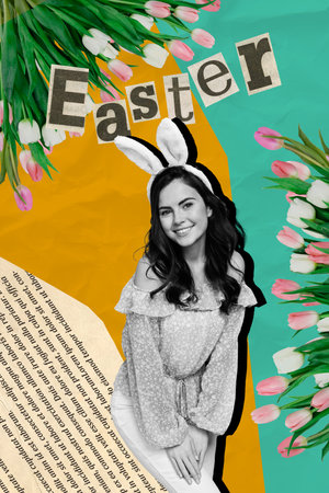 Vertical artwork picture collage of pretty young lady wear bunny ears posing Easter theme party...