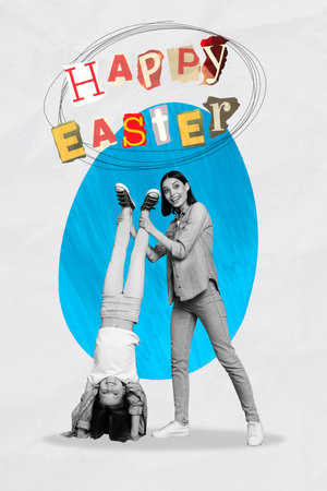 Vertical artwork collage of two funny excited sisters Easter celebration holiday playing together elder sister hold younger upside downの写真素材