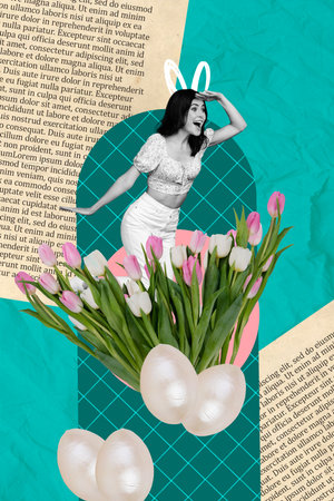 Vertical photo collage of young funny lovely girl peek look far away Easter time low price shopping...
