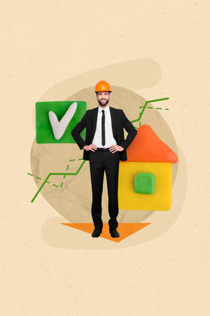 Vertical picture 3d collage poster sketch of handsome confident man finished project building city center isolated on drawing backgroundの写真素材