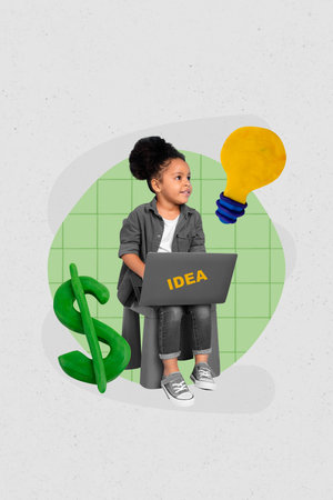 Vertical illustration photo artwork sketch picture of adorable lovely girl sitting mini chair thinking how improve business increase salaryの写真素材