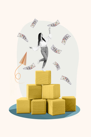 Composite creative photo collage of young best rich business entrepreneur of year falling much money podium isolated on white backgroundの写真素材