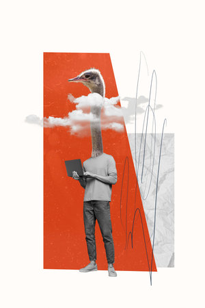 Vertical photo collage of headless absurd programmer stupid worker hold netbook fail ignore team lead isolated on painted backgroundの写真素材