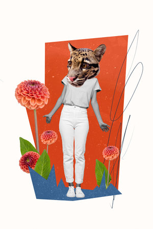 Photo collage wild nature template of headless woman shrug shoulders leopard watching fresh flowers season isolated on white backgroundの写真素材