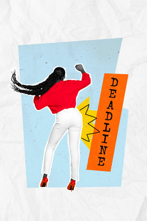 Vertical creative photo collage of happy carefree positive woman dancing submitted project before deadline isolated painted backgroundの写真素材