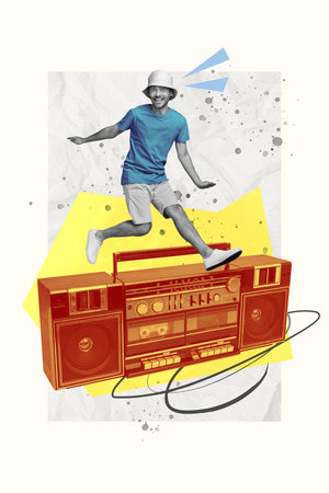 Vertical collage image of mini overjoyed black white effect guy jumping above huge boombox isolated on drawing backgroundの写真素材