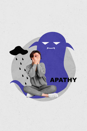 3d retro abstract creative artwork template collage of scared lady hiding from apathy monster isolated painting backgroundの写真素材