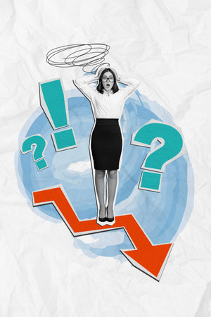 Vertical collage picture of impressed black white gamma girl big exclamation question mark arrow down isolated on creative backgroundの写真素材