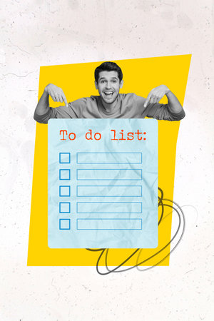 Realistic photo collage of young man directing fingers paper list with to do checklist much tasks business isolated on white backgroundの写真素材