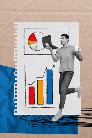 Photo collage artwork of young excited accountant business analyst hold coffee check his company...