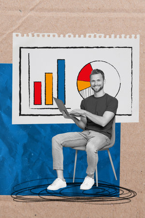 Vertical collage image of positive black white gamma guy sit chair use netbook big paper diagram charts isolated on painted backgroundの写真素材