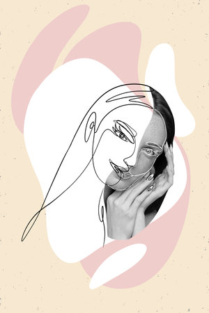Creative hand drawn portrait collage of aesthetic young lady touching face advertising silky skin lotion creamの写真素材